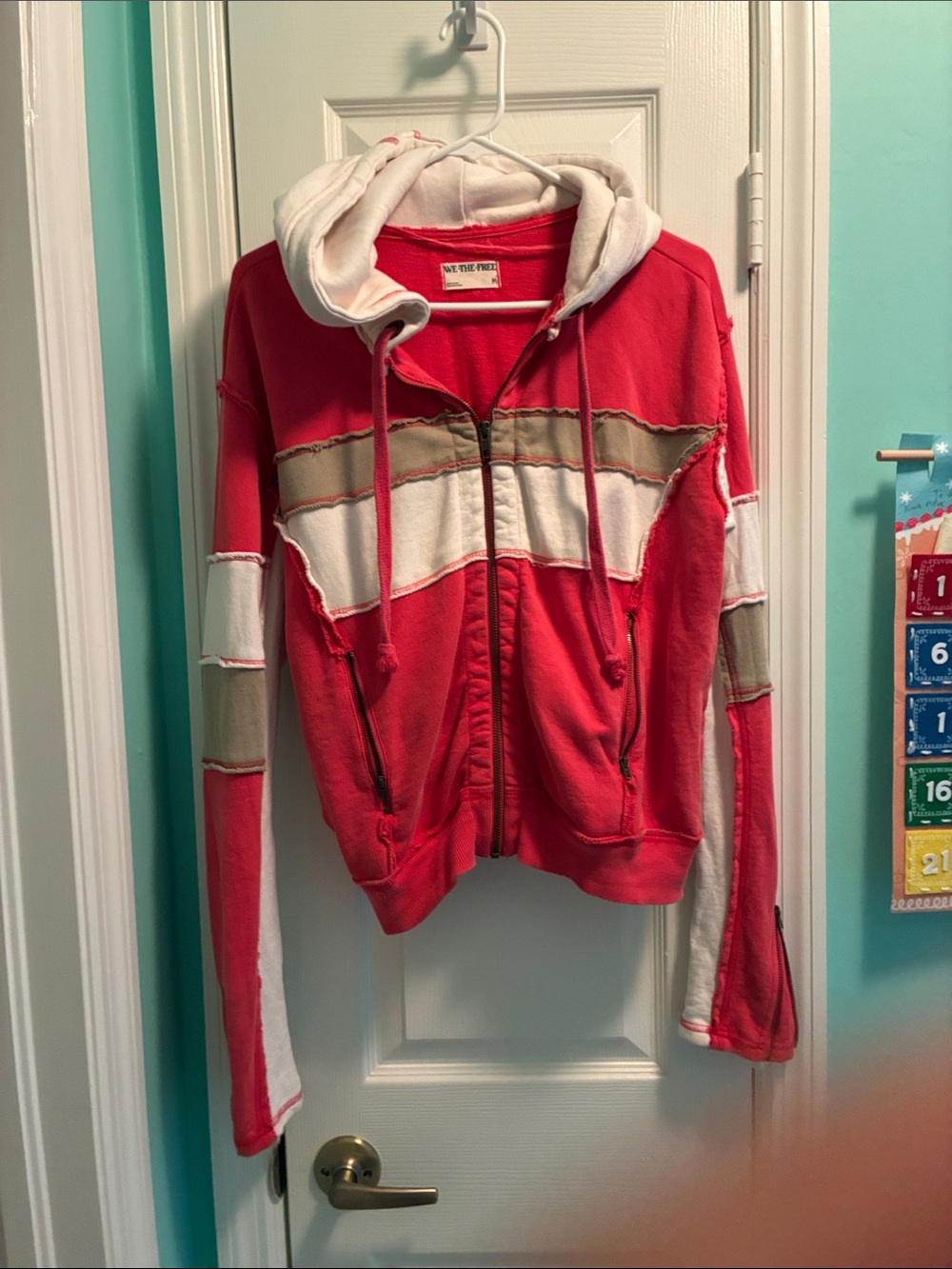Free People Red Hooded Zip Bomber Jacket with Cream & Tan Stripes
